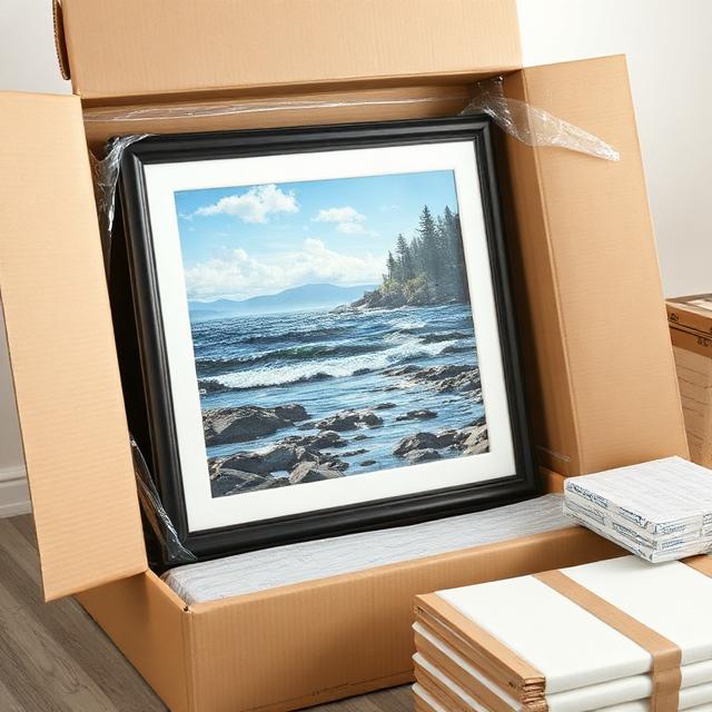 Painting being packaged for shipping safe in cardboard box with packing materials